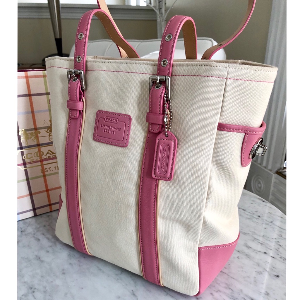 Coach Pink And White Canvas Leather Tote Shoulder Bag Mint Condition